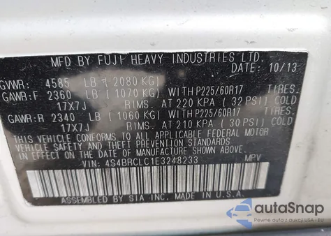 2014 Subaru Outback 2.5I Limited from USA, damaged, VIN 4S4BRCLC1E3248233